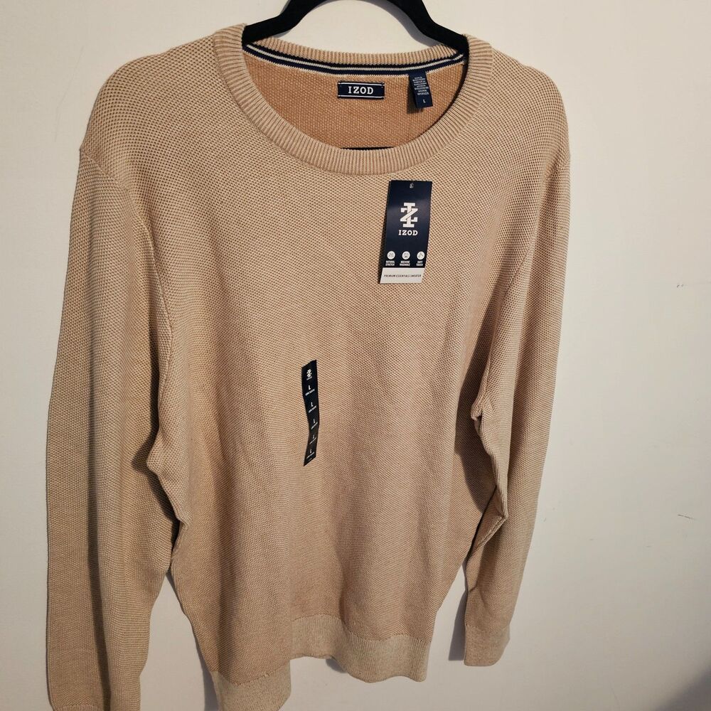 NWT Men's Izod Beige Sweater Size Large Long Sleeve Lightweight Flawed Crew L